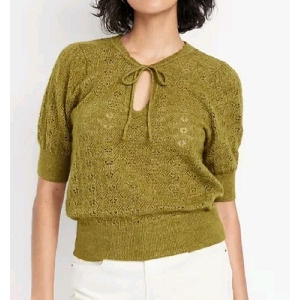 New Old Navy Olive Green Sheer Wool Bld Lightweight Cottage Tie Neck Sweater XL